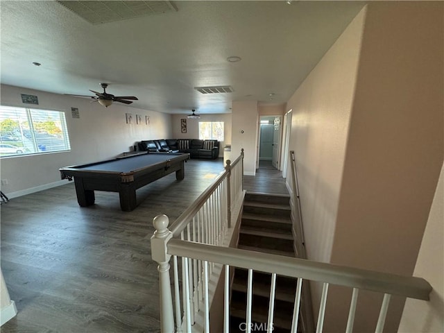 recreation room with dark hardwood / wood-style flooring, billiards, and ceiling fan