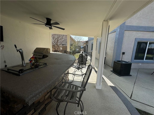 view of patio / terrace with ceiling fan and central air condition unit