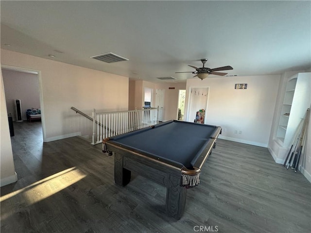 rec room with dark hardwood / wood-style flooring, billiards, and ceiling fan