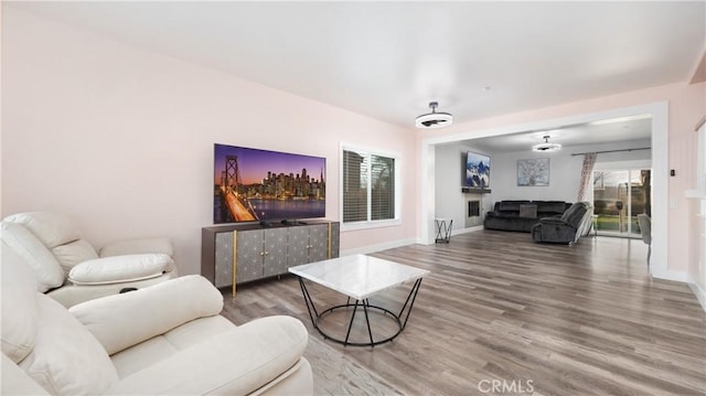 living room with wood finished floors and baseboards