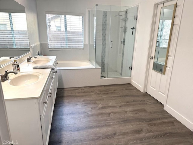 full bath featuring wood finished floors, a sink, and a shower stall