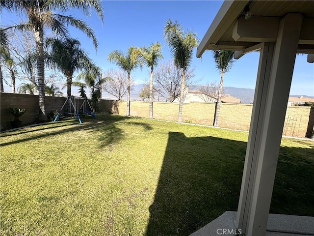 view of yard featuring a playground and a fenced backyard