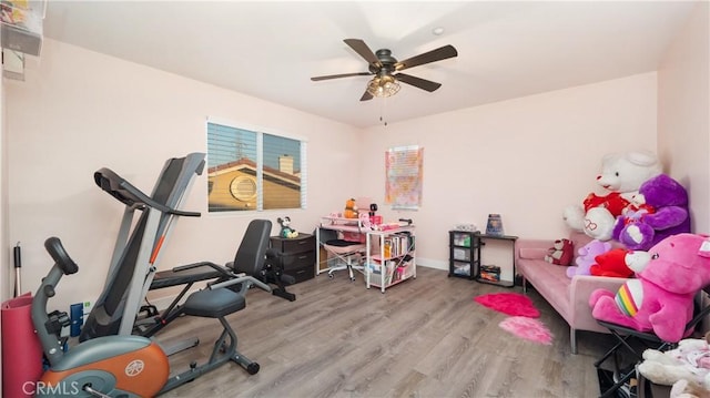 workout room featuring a ceiling fan and wood finished floors