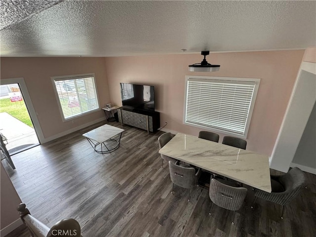 dining space featuring a textured ceiling, baseboards, and wood finished floors