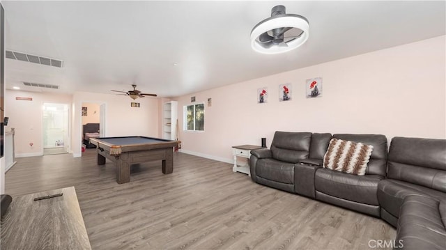 rec room featuring pool table, visible vents, and light wood-style floors