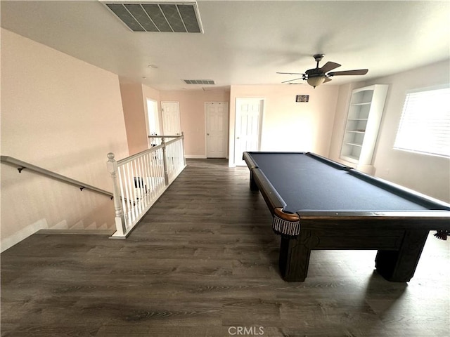 rec room with dark wood-style floors, pool table, visible vents, and baseboards