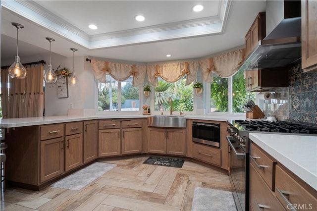 kitchen featuring wall chimney exhaust hood, ornamental molding, a tray ceiling, stainless steel stove, and backsplash