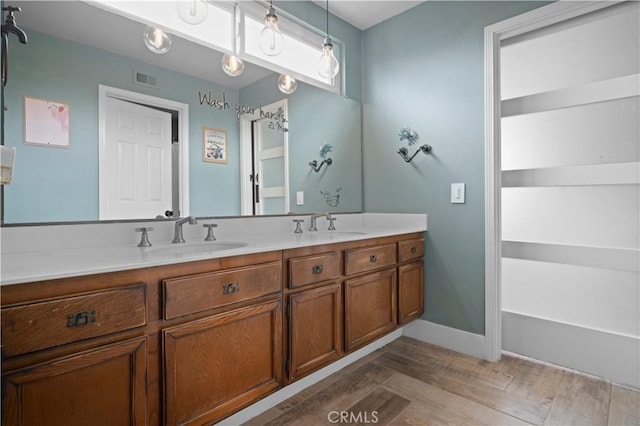 bathroom with vanity and wood-type flooring