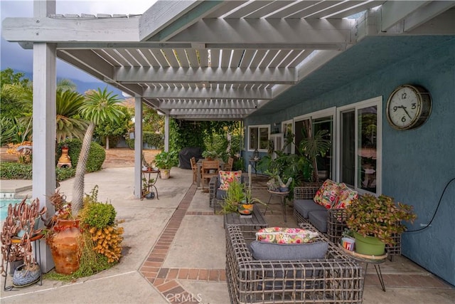 view of patio / terrace with an outdoor living space, a pergola, and grilling area