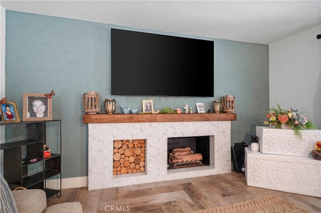 living room with a fireplace and wood-type flooring