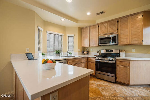 kitchen featuring appliances with stainless steel finishes, kitchen peninsula, and sink