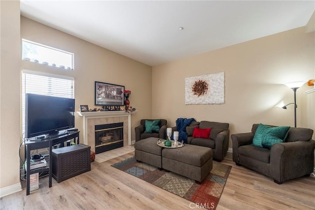 living room featuring a fireplace and light hardwood / wood-style flooring