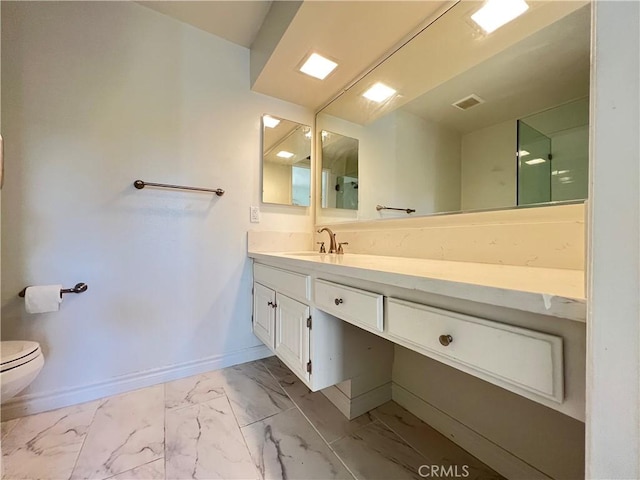 bathroom featuring vanity, visible vents, baseboards, toilet, and marble finish floor