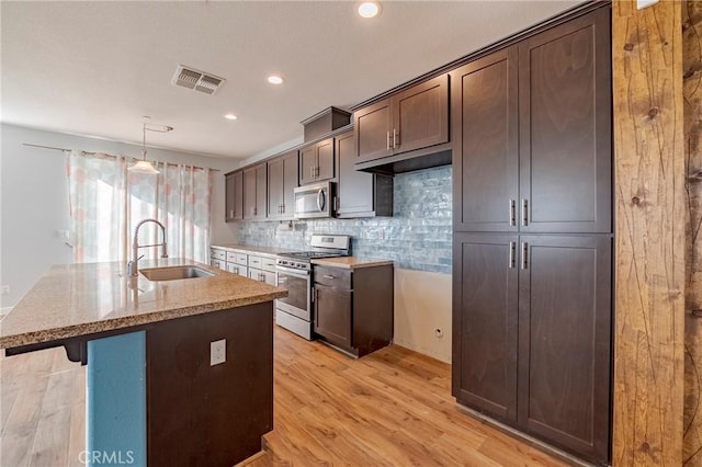 kitchen featuring pendant lighting, sink, backsplash, a kitchen island with sink, and stainless steel appliances