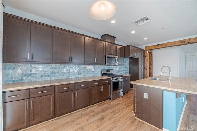 kitchen with tasteful backsplash, sink, stainless steel appliances, a center island with sink, and light wood-type flooring