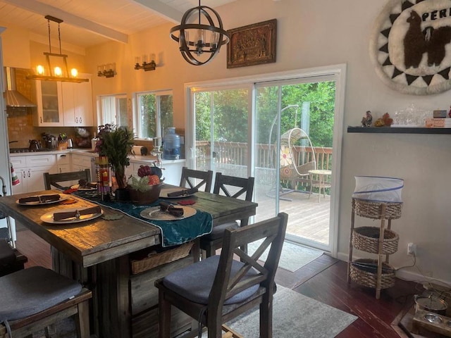 dining space featuring wood ceiling, a notable chandelier, beam ceiling, and dark hardwood / wood-style floors