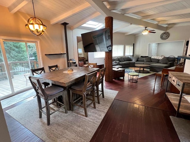 dining area featuring lofted ceiling with beams, plenty of natural light, ceiling fan with notable chandelier, and dark hardwood / wood-style flooring