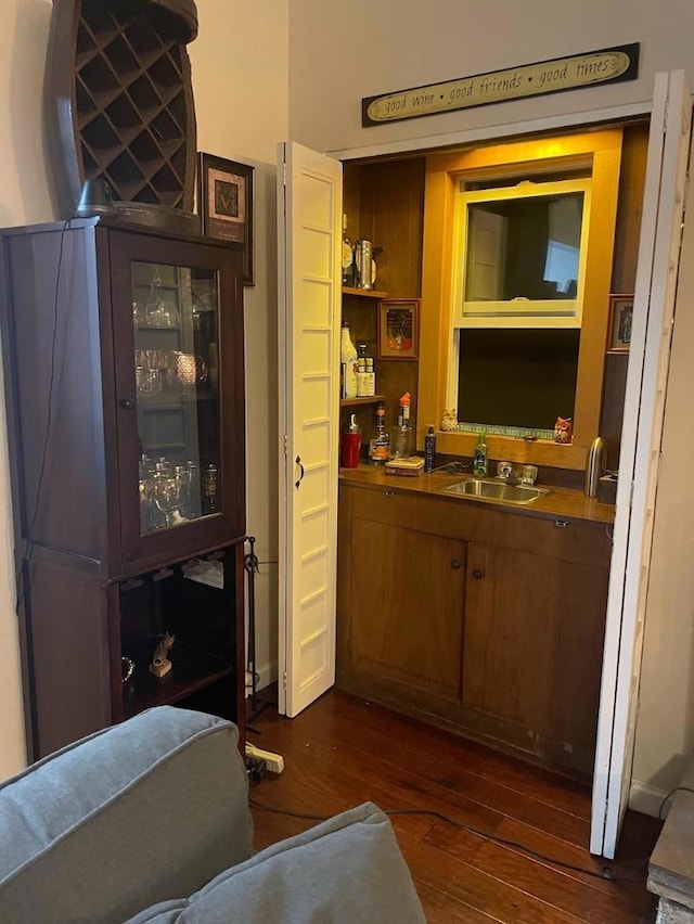 bar featuring dark hardwood / wood-style flooring and sink