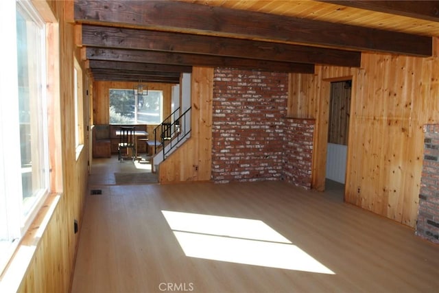 interior space featuring wooden ceiling, wood-type flooring, beam ceiling, and wood walls