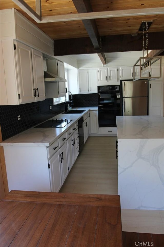 kitchen featuring wood ceiling, white cabinets, sink, and black appliances