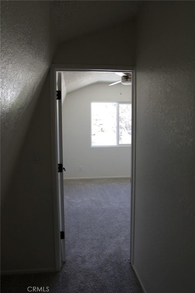 hall with vaulted ceiling, a textured ceiling, and carpet flooring