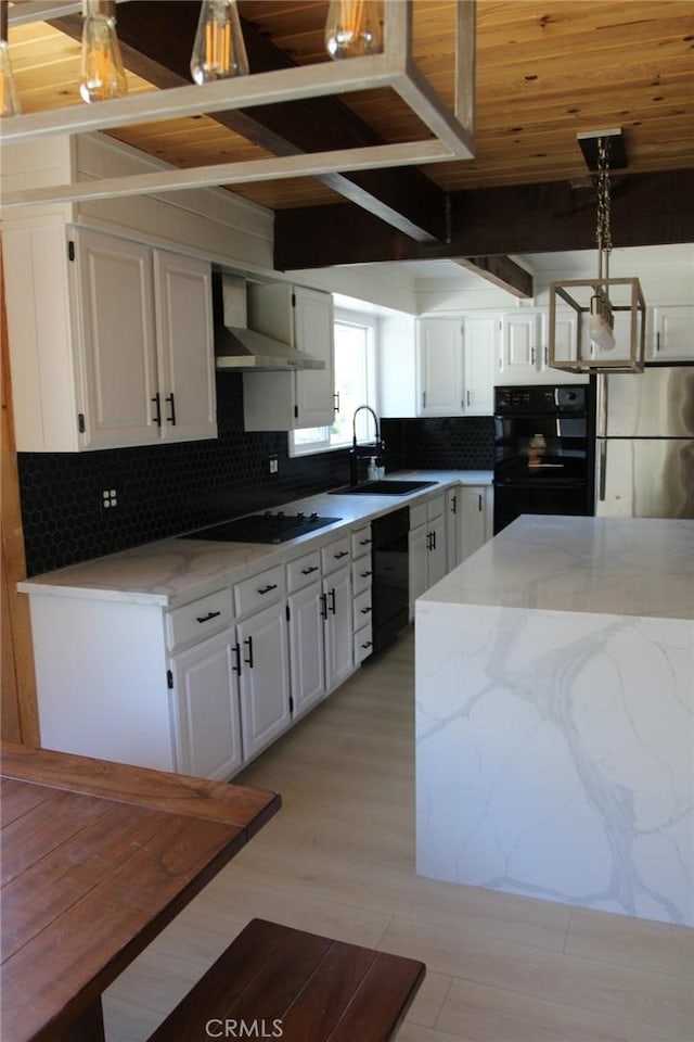 kitchen featuring pendant lighting, sink, black appliances, white cabinets, and wooden ceiling