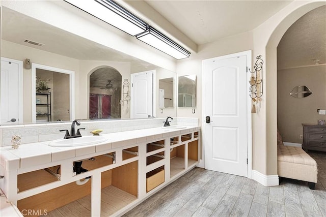 bathroom with hardwood / wood-style flooring and vanity