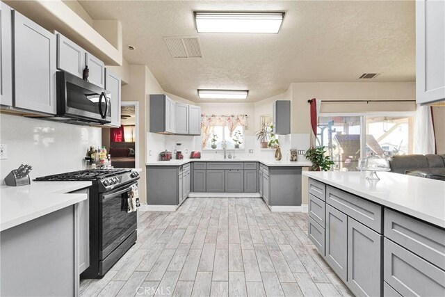 kitchen featuring gray cabinets, appliances with stainless steel finishes, sink, and a textured ceiling