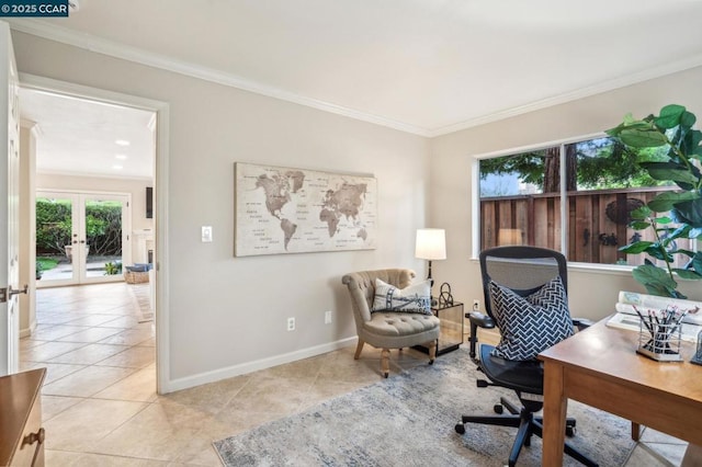 tiled home office with french doors and ornamental molding