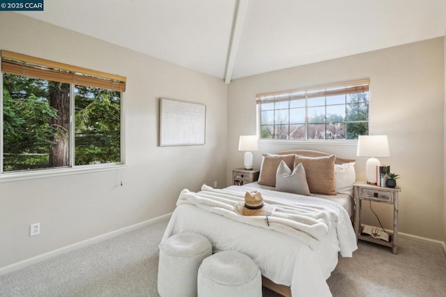 bedroom with carpet floors and vaulted ceiling