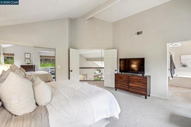 bedroom with beamed ceiling, light colored carpet, high vaulted ceiling, and a closet