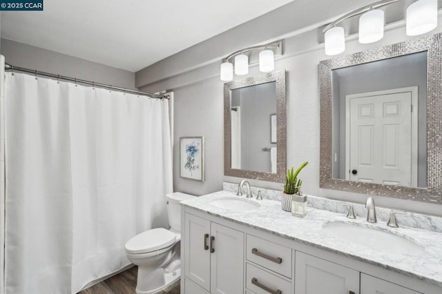 bathroom featuring vanity, curtained shower, wood-type flooring, and toilet