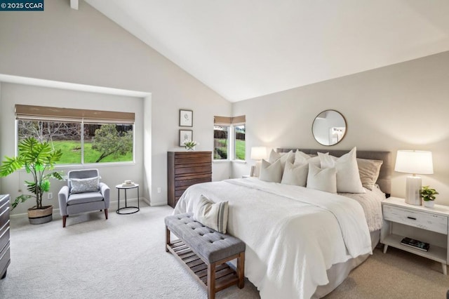 carpeted bedroom with high vaulted ceiling