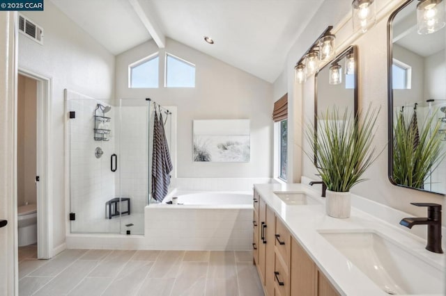 full bathroom featuring vanity, a wealth of natural light, lofted ceiling with beams, and plus walk in shower