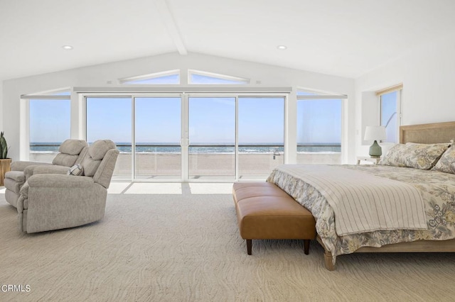 bedroom with a water view, light colored carpet, and vaulted ceiling with beams