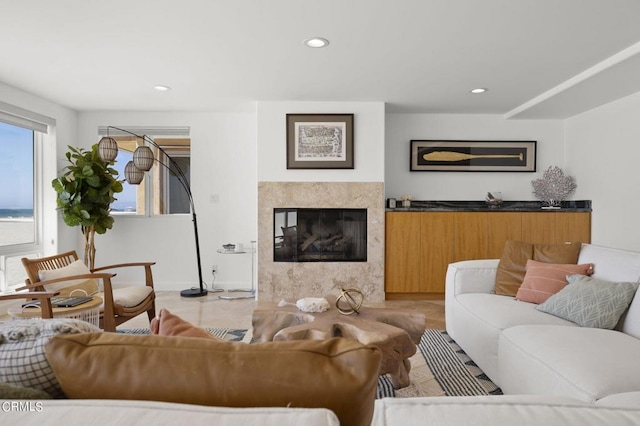 living room featuring a fireplace