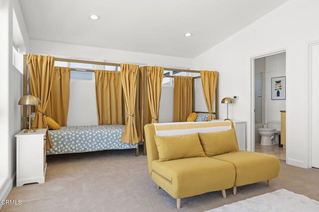 3757 Ocean Dr, Oxnard, CA 93035 - bedroom featuring carpet floors, vaulted ceiling, recessed lighting, and connected bathroom