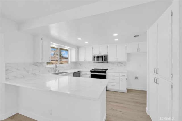 kitchen featuring sink, white cabinetry, kitchen peninsula, stainless steel appliances, and backsplash