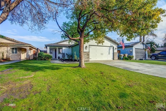 ranch-style home featuring a garage and a front yard