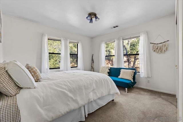 bedroom with multiple windows and carpet