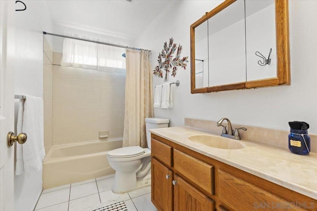 full bathroom with vanity, shower / tub combo, tile patterned floors, and toilet