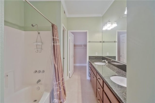 bathroom featuring shower / bath combination with curtain, ornamental molding, tile patterned flooring, and vanity