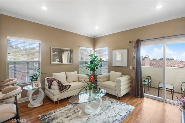 living room featuring ornamental molding, light wood-style flooring, and recessed lighting