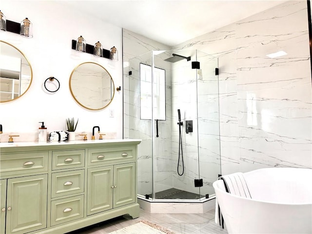 bathroom featuring vanity, plus walk in shower, and vaulted ceiling