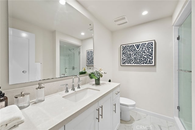 full bathroom featuring toilet, recessed lighting, vanity, baseboards, and marble finish floor