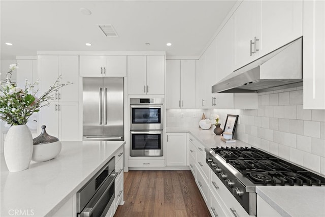 kitchen featuring white cabinets, under cabinet range hood, stainless steel appliances, and light countertops