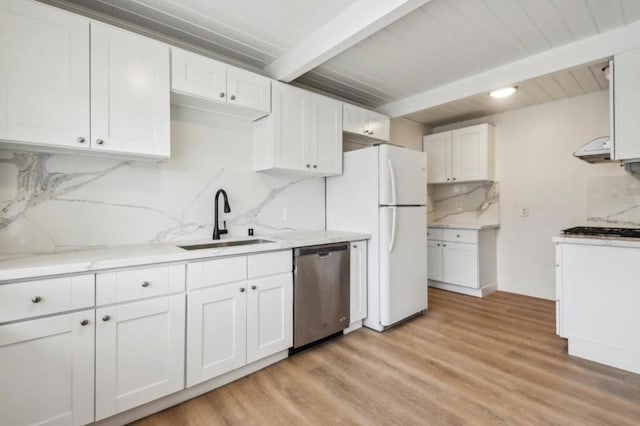 kitchen featuring sink, tasteful backsplash, appliances with stainless steel finishes, beamed ceiling, and white cabinets