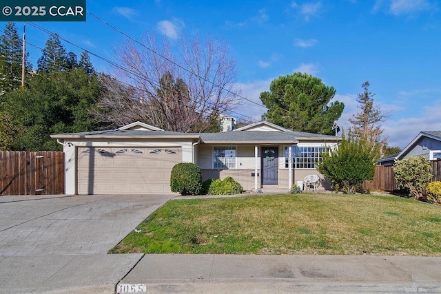 ranch-style home with a garage and a front lawn