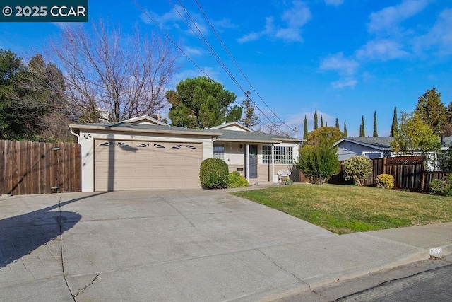 single story home with a garage and a front yard