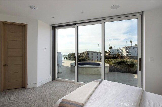 bedroom featuring floor to ceiling windows, light colored carpet, and access to exterior